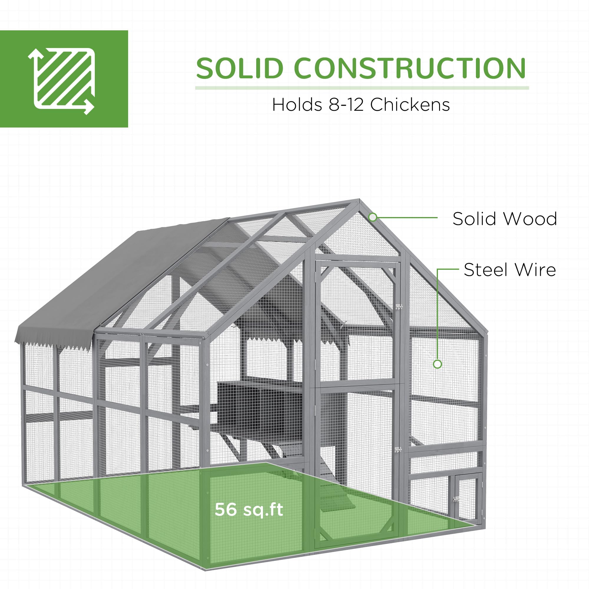 PawHut Large Chicken Run, Wooden Chicken Coop with Waterproof & Anti-UV Cover, Split Door, 4 Nesting Boxes, Roosting Bar, Walk-i